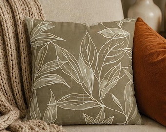 Olive Botanical Pillow Cover, Neutral Beige Leaf Throw Pillowcase, Minimalist Modern Cushion Case, Organic Modern Home Decor Gift for Her