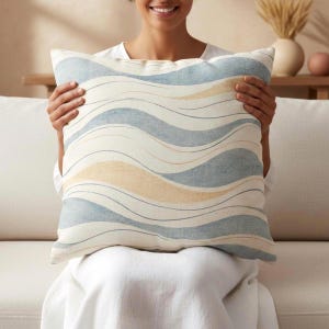 Coastal Wave Pillow Cover, Blue Beige Abstract Throw Pillowcase, Modern Coastal Decor, Beach House Wavy Pattern Cushion, Ocean Inspired Home