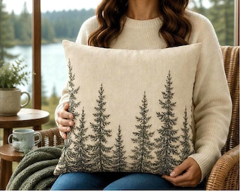 Pine Tree Pillow Cover, Rustic Cabin Chic Throw Pillowcase, Woodland Forest Lodge Home Decor, Cabincore Cushion Case Cozy Lake House Gift