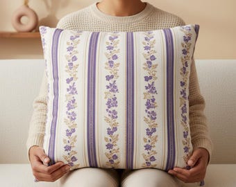 Provençal Lavender Floral Pillow Cover, French Country Stripe Cushion, Vintage Cottagecore Decor, Purple Botanical Throw Pillow Gift for Her