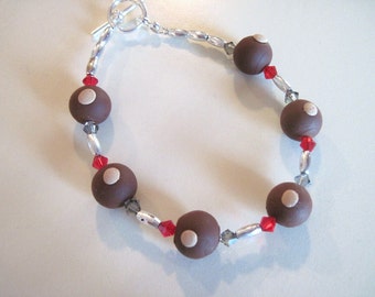 Red and Gray Swarovski crystals with Polymer Clay Buckeyes Bracelet