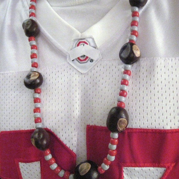 Real Ohio Buckeye Necklace with Red and Gray Beads