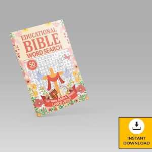 Puede incluir: Una portada de libro rosa y amarilla con un diseño floral. El título es "Educational Bible Word Search" con una imagen de una cruz y una biblia. El libro tiene 50 rompecabezas y es para adolescentes, adultos y personas mayores. Está impreso en letra grande.