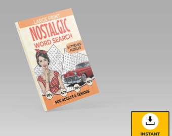 May include: A large print "Nostalgic Word Search" book with a retro design. The cover features a woman in a polka dot dress, a classic car, and the text "50 Themed Puzzles For Adults & Seniors". The book is orange and white.