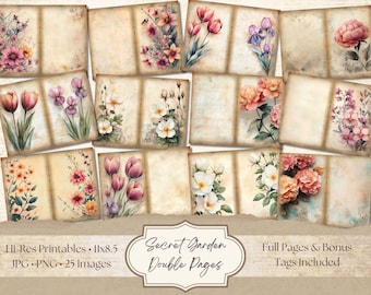 PÁGINAS DOBLES FLORALES / Fondos de diario basura, flores, imprimibles, descarga instantánea, licencia comercial, digital, etiquetas adicionales y páginas completas.