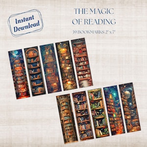May include: Set of 39 printable bookmarks featuring colorful illustrations of bookshelves. The bookmarks are 2 inches by 7 inches and are titled "The Magic of Reading".