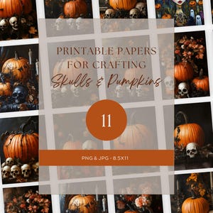 Puede incluir: Papeles imprimibles para hacer manualidades con calaveras y calabazas.  Este conjunto contiene 11 papeles digitales.  Los papeles son de 8,5 x 11 pulgadas y están en formato PNG y JPG.