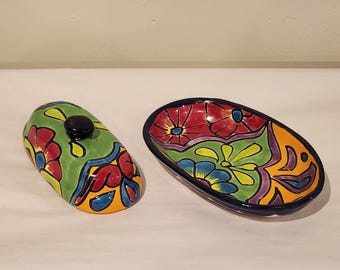 Talavera Butter Dish Beautiful Hand Painted Folk Art From Mexico