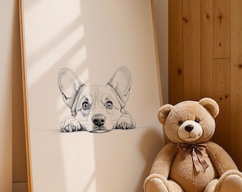 コーギープリント2枚セット：ヴィンテージ犬のイラスト、レトロな壁