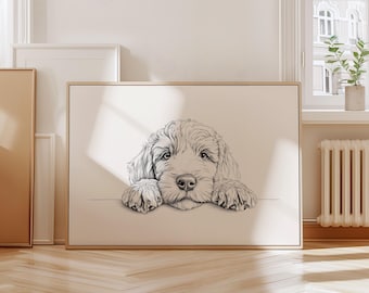 Goldendoodle | Vintage print, hond vintage poster, hond kunst aan de muur decor, antieke vintage schets, land muurkunst, hond tekening