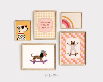 Retro Kids Wall Art Gallery Set, Playful Nursery Prints, Dog and Bear Skateboard Art, Rainbow, Positive Affirmation Decor, Digital Download
