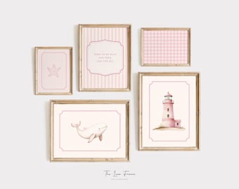 Coastal Cottagecore Nursery Wall Art Set, Girls nursery wall art, Nautical Digital Downloads, Whale, Lighthouse, Starfish, Gingham & Stripe
