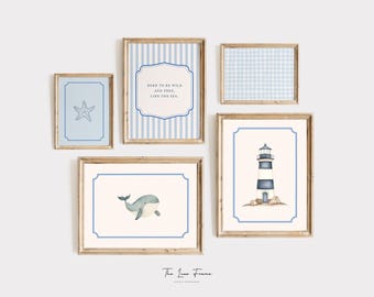 Coastal Cottagecore Nursery Wall Art Set, Boys nursery wall art, Nautical Digital Downloads, Whale, Lighthouse, Starfish, Gingham and Stripe