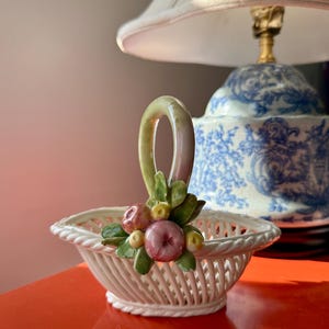 Vintage Italian Ceramic Fruit Basket, Handwoven Design, Hand-Painted Florals by Capodimonte