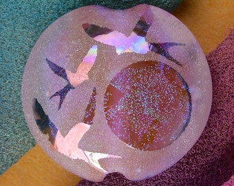Lampwork Glass Bead SRA "Sunset Swallow Window" Handmade Sandblasted Focal Bead Faceted Lentil, Dichroic, Iridescent Lustre ~ Pink Purple