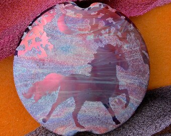 Handmade Lampwork Focal Bead "Twilight Horse" SRA Sandblasted Glass ~ Iridescent Lustre Picture Bead ~ Pinks & Purples