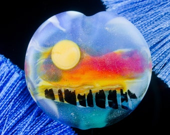 Impressionist Seascape Sunset Pendant ~ Handmade Lampwork Glass SRA ~ Sandblasted Picture Focal Nature Landscape Bead