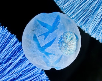 Bluebirds Pendant Focal Bead Handmade Lampwork Glass SRA Sandblasted Dichroic Swallows in Flight Bead for Jewellery Making