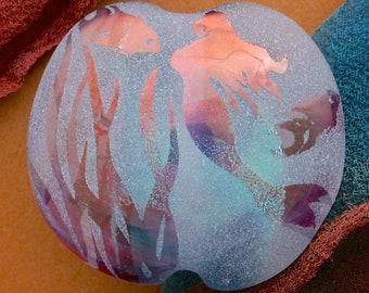 Handmade Lampwork Bead "Mermaid's Dance" Sandblasted Dichroic Glass, Iridescent Lustre & Copper Inclusions Lentil Focal Bead SRA Sea Tones