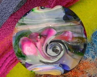 Handmade Lampwork Focal Bead "Forest Twist" SRA Glass Bead Lentil ~ OOAK Textural Organic ~ Meadow Shades
