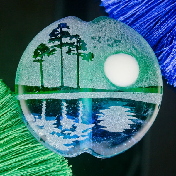 Lakeside Reflections Bead ~ Handmade Sandblasted Lampwork Glass SRA ~ Picture Focal Nature Landscape Bead ~ Pine Tree Pendant