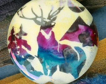 Lampwork Beads "Misty Stag" Handmade Sandblasted Glass SRA ~ Watercolour Iridescent Lustre Picture Bead ~ Cool Neutrals