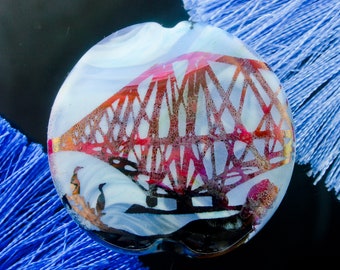 Forth Rail Iron Bridge Pendant ~ Handmade Lampwork Glass SRA ~ Sandblasted Picture Focal Nature Scottish Landscape Bead