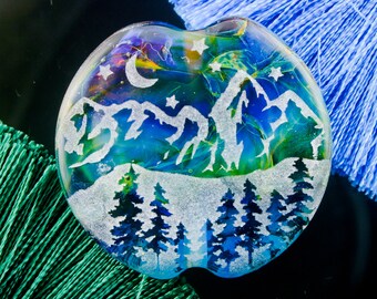 Snowy Mountain Landscape Pendant Bead Handmade Lampwork Glass SRA Sandblasted Silver Glass Story Bead for Jewellery Making