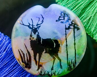 Highland Stag Pendant Handmade Lampwork Glass Focal Bead SRA, Sandblasted Iridescent Lustre Landscape Moorland Deer Jewellery Necklace