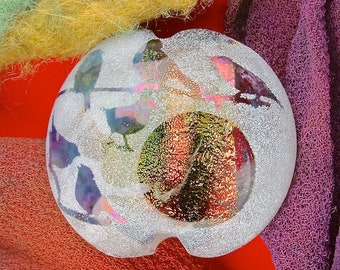 Lampwork Glass Bead SRA "Songbird Window" Handmade Sandblasted Focal Bead Faceted Lentil, Dichroic, Iridescent Lustre ~ Woodland Tones