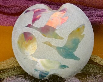 Lampwork Beads "Flying Home" Handmade Sandblasted Glass SRA ~ Watercolour Iridescent Lustre Picture Lentil Bead ~ Warm Neutrals
