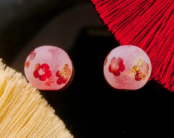 Quince Blossom Earring Pair Lampwork Sphere Beads for Drop Earrings SRA Handmade Sandblasted Dichroic Glass, Round Beads