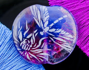 Dragonfly & Chrysanthemum Pendant Focal Bead ~ Handmade Lampwork Glass SRA ~ Sandblasted Dichroic Bead for Jewellery Design