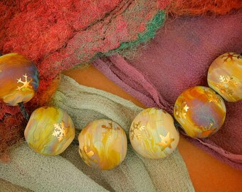 SRA Lampwork Beads Set of 6 "Raku Snowflake Spheres" Handmade Sandblasted Glass and 24K Gold Lustre on Silver Glass ~ Woodland Tones