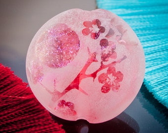 Japanese Quince Blossom Pendant ~ Handmade Lampwork Focal Bead SRA Sandblasted Dichroic Glass Bead for Nature Jewellery