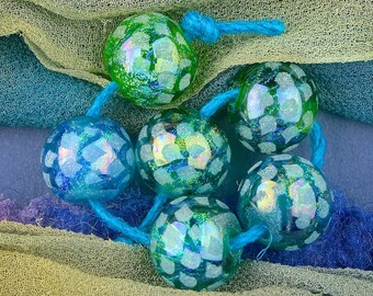 Lampwork Bead Set of 6 "Fire & Ice Dragon Scales" Handmade Sandblasted Dichroic and Iridescent Lustre Glass Beads SRA ~ Sea Tones