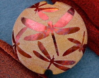 Handmade Lampwork Glass Bead "Flight of Dragonflies" SRA Sandblasted Focal Bead ~ Iridescent Lustre Bead ~ Warm Neutrals
