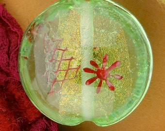 Handmade Lampwork Bead "Meadow Rain" Dichroic Glass & Copper Inclusions Lentil Focal Bead SRA ~ Meadow Shades