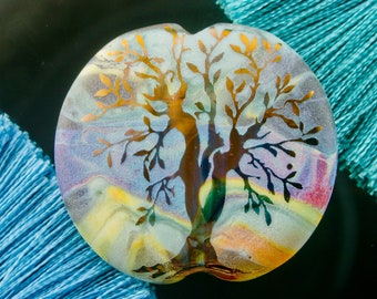 Healing Tree of Life Glass Focal Bead Medallion ~ Handmade Lampwork SRA Sandblasted Iridescent Lustre Glass World Mythology Nature Jewellery