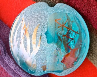 Handmade Lampwork Bead "Spirit of the Sea" Sandblasted Dichroic Glass, Iridescent Lustre & Copper Inclusions Lentil Focal Bead SRA Sea Tones