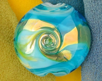Handmade Lampwork Beads "Tropical Wave" SRA Glass Focal Bead Lentil ~ OOAK Textural Organic Silver Glass Lustre ~ Sky & Aqua