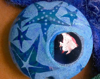 Lampwork Glass Bead SRA "Sea Window" Handmade Sandblasted Focal Bead Faceted Lentil, Copper Inclusions, Iridescent Lustre ~ True Blue