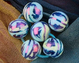 Lampwork Bead Set of 6 "Seascape Accents" Handmade Sandblasted Iridescent Lustre Glass Beads SRA ~ Sky & Aqua