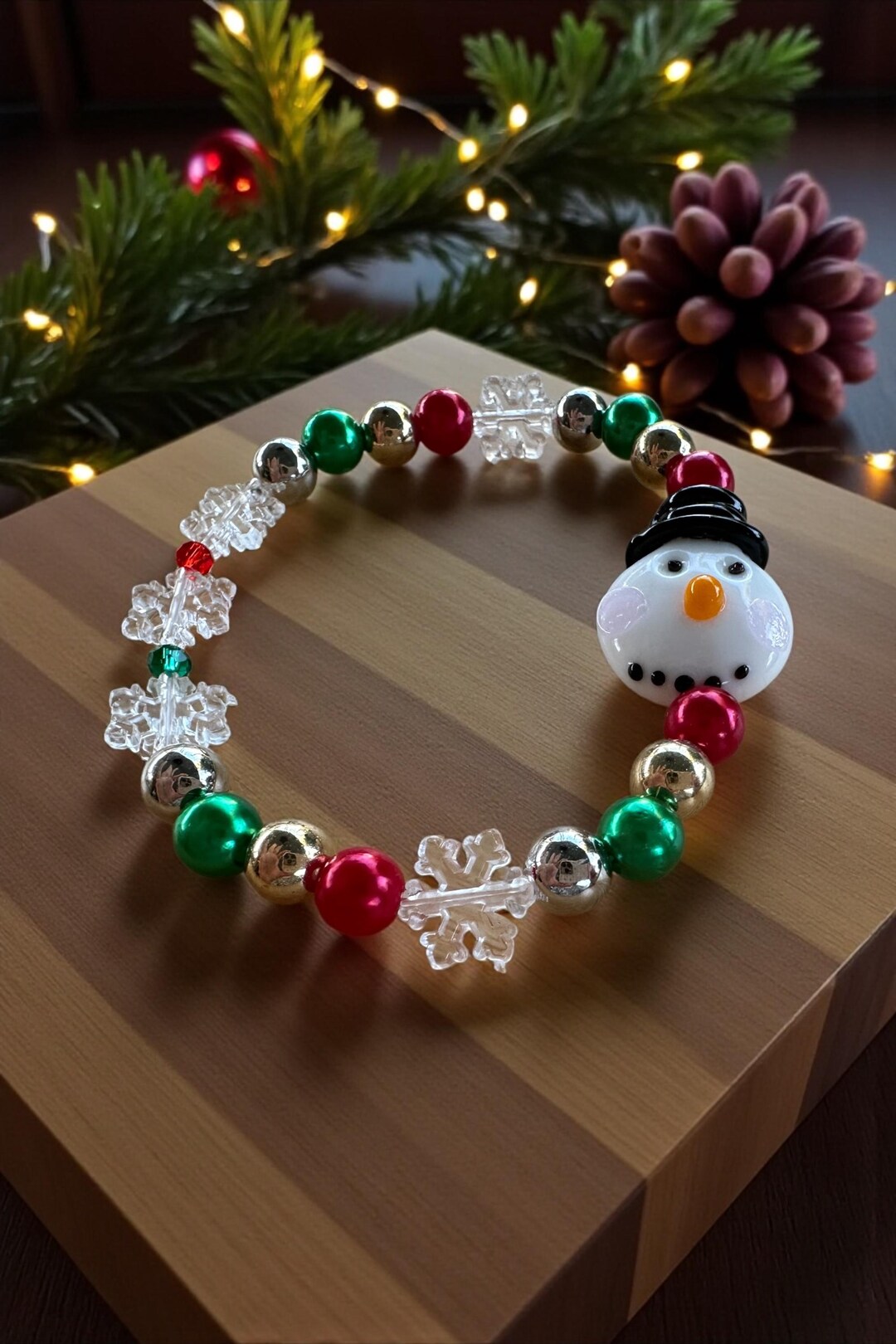 Festive Snowflake Beaded Bracelet With Snowman Christmas Colors Beads