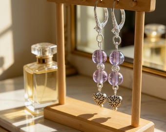 Purple Dangle Earring Beaded Heart Charm Silver Filigree Jewelry Lavender Glass Drop Elegant Woman Accessory Romantic Gift Special Occasion