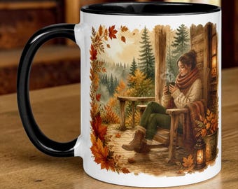 Caneca de café de outono em cerâmica, ideal para cabana, perfeita para presentear com decoração em aquarela. Aconchegante e perfeita para bebidas matinais. Utensílio de cozinha feminino com design rústico e aconchegante.