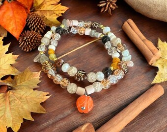 Autumn Pumpkin Charm Leaf Bracelet Brown Bead Carnelian Jewelry Fall Gift Women Accessory Thanksgiving Present Halloween Wrist Wrap Band
