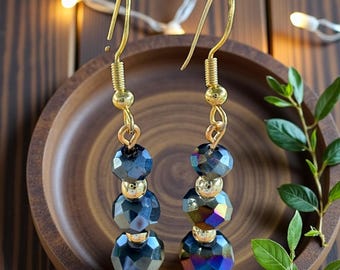 Beaded Dangle Earrings Black Crystal Gold Hematite Beads Jewelry Women Gift Elegant Statement Dressy Drop Gemstone Sparkly Glass Evening