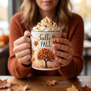 Fall Coffee Mug Ceramic Cup Thanksgiving Kitchen Gift Women Autumn Drinkware Pumpkin Harvest Maple Leaf Design Orange Microwave Safe