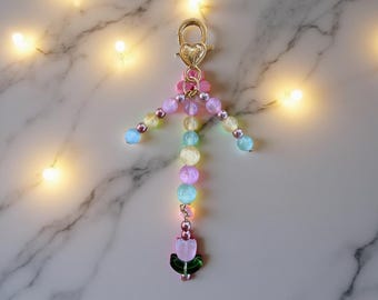 Tulip Bag Charm Beaded Dangle Colorful Cat Eye Jewelry Pink Hematite Accessory Women Gift Idea Purse Keychain Clip Handbag Decoration Piece
